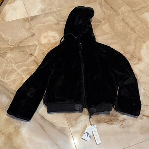 Zara Jet Black Faux Fur Hooded Coat